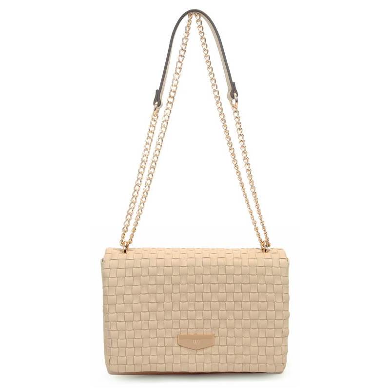 Bolsa tiracolo WJ Acessórios feminina bege com textura matelassê e detalhes dourados